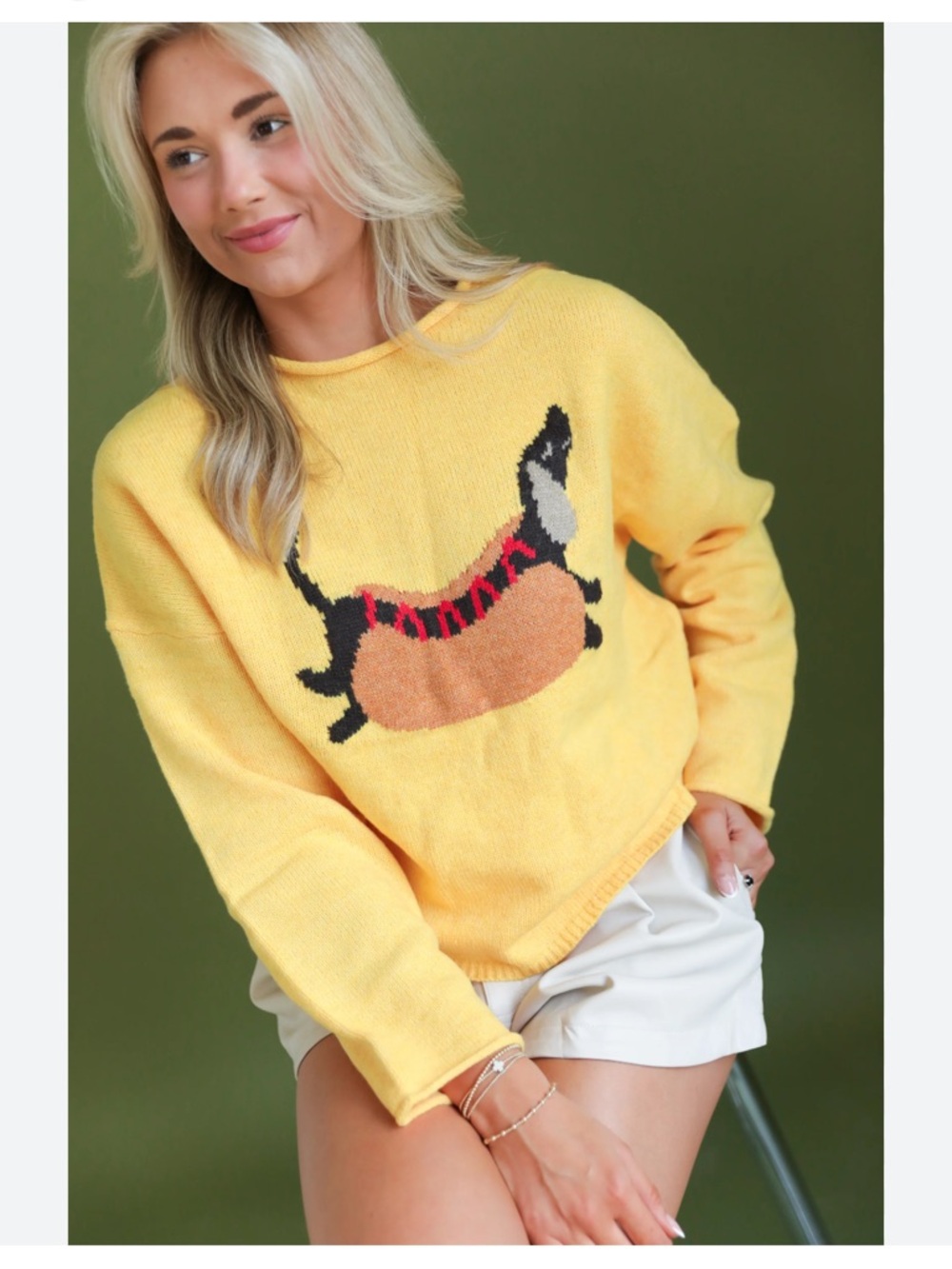 Things Between Yellow Dachshund Hot Dog Intarsia Crewneck Sweater Boxy Small